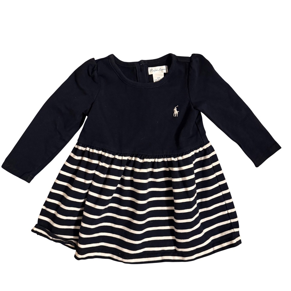Ralph Lauren Baby Girls Navy Blue White Striped Long Sleeve Dress 12M